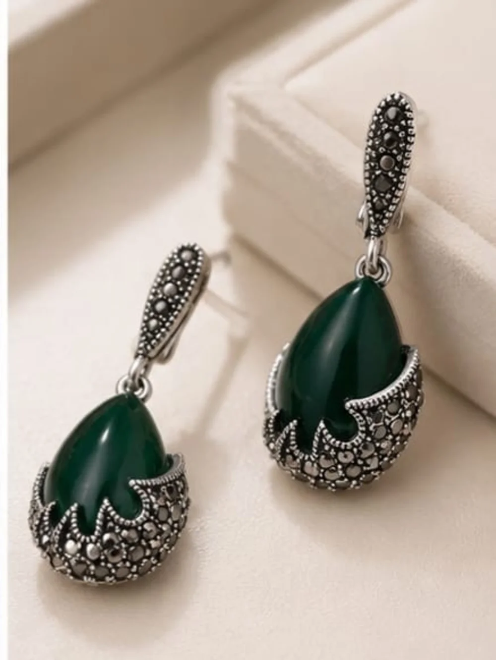 Green Teardrop Marcasite Dangle Earrings - Elegant Women Jewelry
